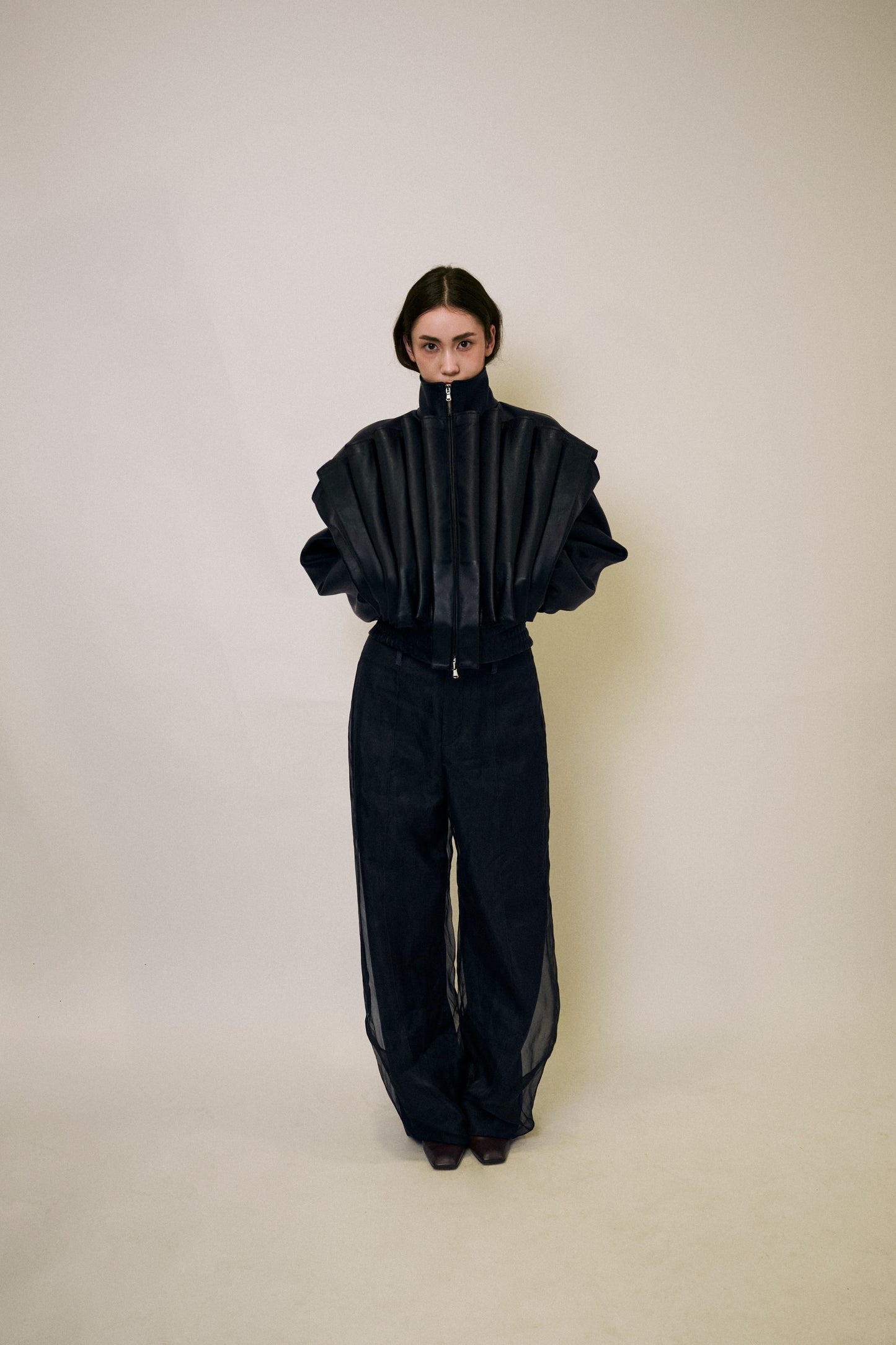 Cotton Silk Denim Trousers with Organza