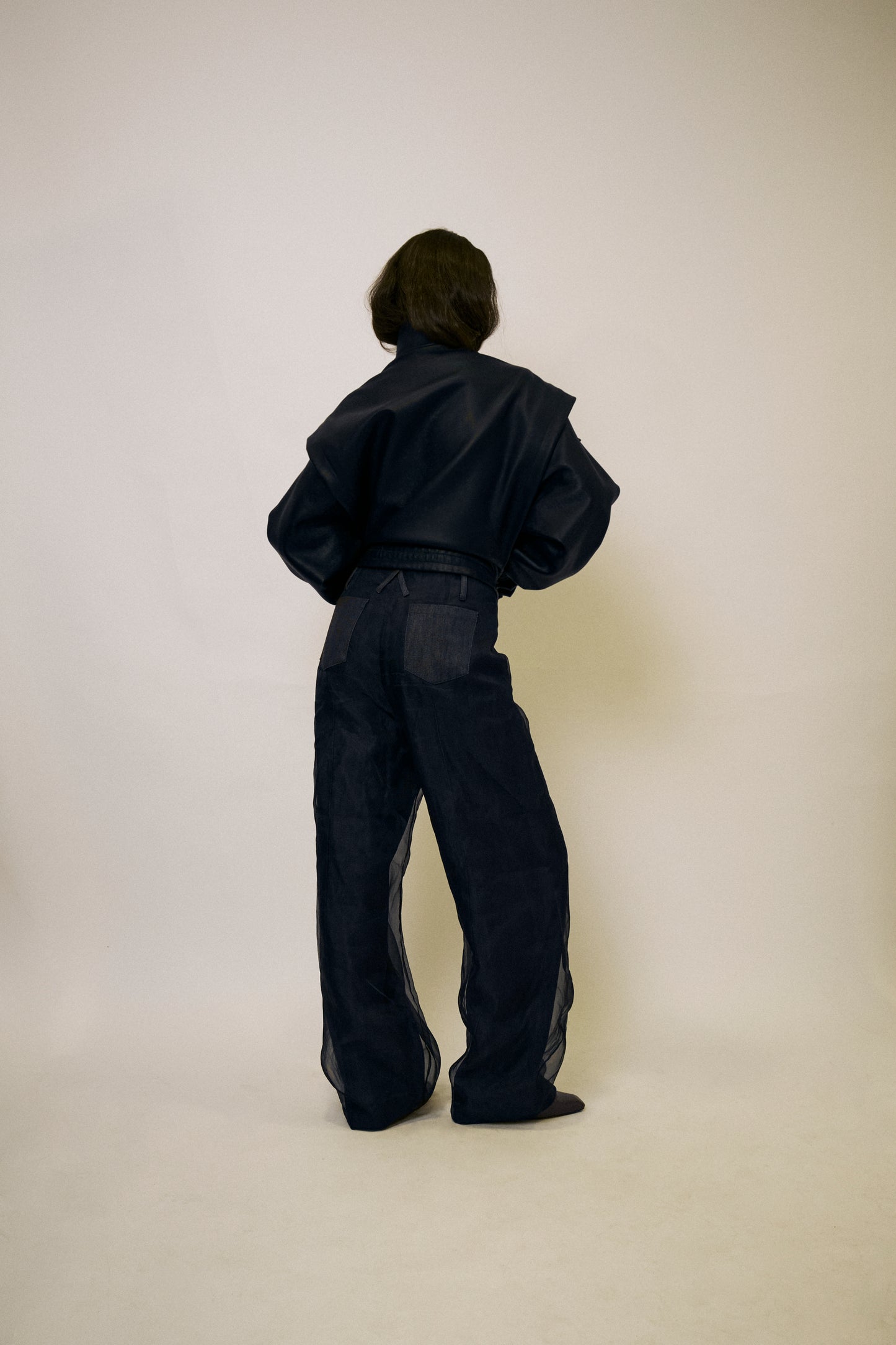 Cotton Silk Denim Trousers with Organza