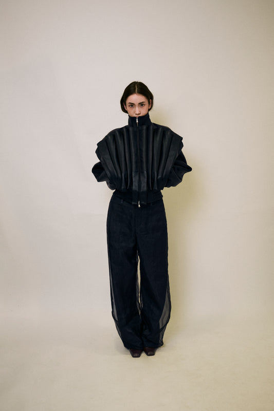 Cotton Silk Denim Trousers with Organza
